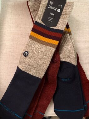 NEW Stance Casual Crew Socks Tan Rustic Trail Harvest Stripe Burgundy Navy 4 PK